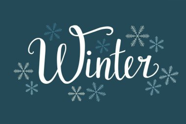 El kış vektör çizim kompozisyon ve mavi renkli yazı ile çekilmiş. Mutlu yeni yıl 2018, Merhaba kış, kış geliyor, mutlu tatiller. Kış yazı hat kar taneleri ile