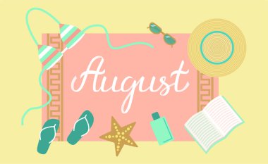 Elle çizilmiş Merhaba Ağustos tipografi yazı poster, parlak tasarım arka plan. Yaz saati ay başlık vektör çizim yaz gün elemanları ile.