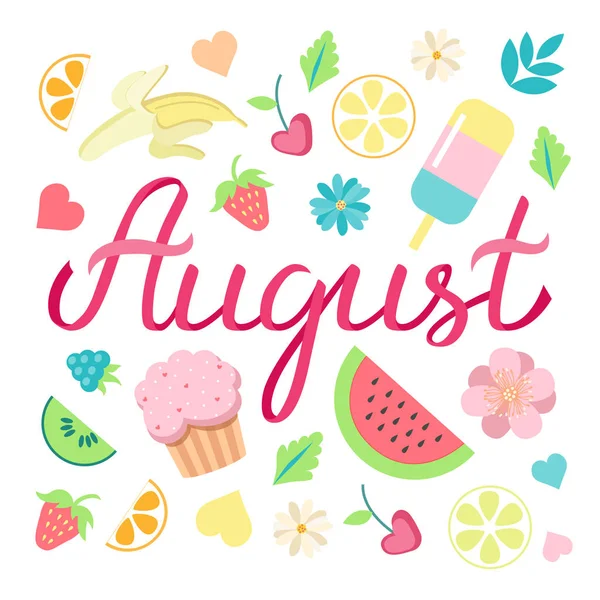 Elle çizilmiş Merhaba Ağustos tipografi yazı poster, parlak tasarım arka plan. Yaz saati ay başlık vektör çizim yaz gün elemanları ile.