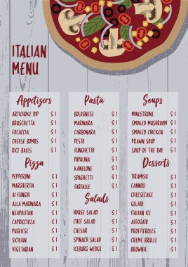 Renkli vektör çizim - İtalyan Ahşap dokulu arka plan menüsünde. İtalyan yemek: makarna, mezeler, tatlılar. Restoran broşür, café el ilanı, teslimat Pizza menü için mükemmel.