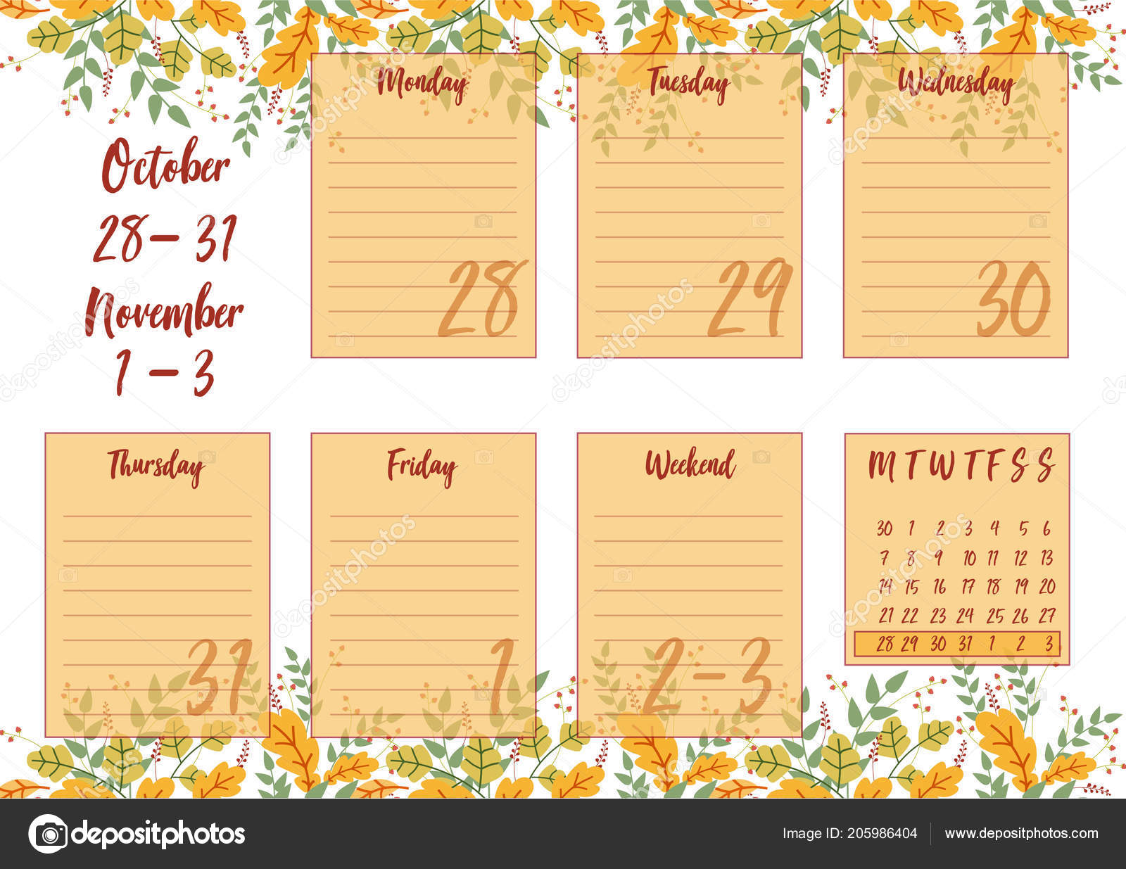 vector illustration november 2019 weekly planner abstract autumn daily calendar november 2019