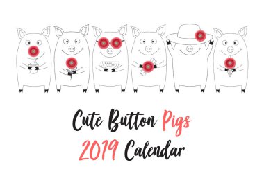 Çin yeni yılı sembolleri - 2019 takvim kapaklı sevimli çizgi film tarzı ile gerçekçi domuzlarda düğme detay her ay için pembe. Vektör çizim, siyah mürekkep siluet arka plan üzerinde beyaz izole
