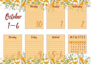 Ekim 2019 çizimi haftalık planlayıcısı sonbahar arka plan ile vektör. Yazdırma notebooks A5 biçimlendirin. Şirin sayfa notlar için. Günlük planlayıcısı 2019 takvim ve özel şirketler için kullanın.