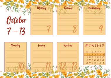 Ekim 2019 çizimi haftalık planlayıcısı sonbahar arka plan ile vektör. Yazdırma notebooks A5 biçimlendirin. Şirin sayfa notlar için. Günlük planlayıcısı 2019 takvim ve özel şirketler için kullanın.