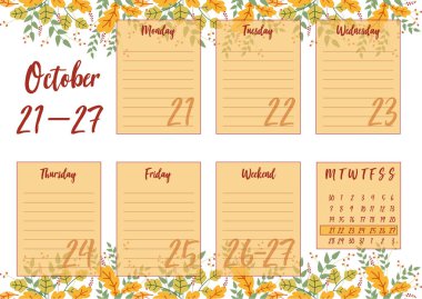 Ekim 2019 çizimi haftalık planlayıcısı sonbahar arka plan ile vektör. Yazdırma notebooks A5 biçimlendirin. Şirin sayfa notlar için. Günlük planlayıcısı 2019 takvim ve özel şirketler için kullanın.