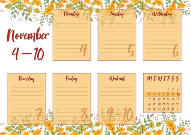 Kasım 2019 çizimi haftalık planlayıcısı sonbahar arka plan ile vektör. Yazdırma notebooks A5 biçimlendirin. Şirin sayfa notlar için. Günlük planlayıcısı 2019 takvim ve özel şirketler için kullanın.