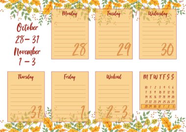 Kasım 2019 çizimi haftalık planlayıcısı sonbahar arka plan ile vektör. Yazdırma notebooks A5 biçimlendirin. Şirin sayfa notlar için. Günlük planlayıcısı 2019 takvim ve özel şirketler için kullanın.