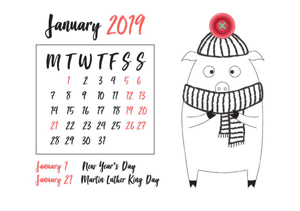 Календарь на 2019 год с символом китайского Нового года - симпатичным пигом в карикатурном стиле с реалистичной розовой пуговицей на каждый месяц. Векторная иллюстрация, черный силуэт чернил, изолированный на белом
