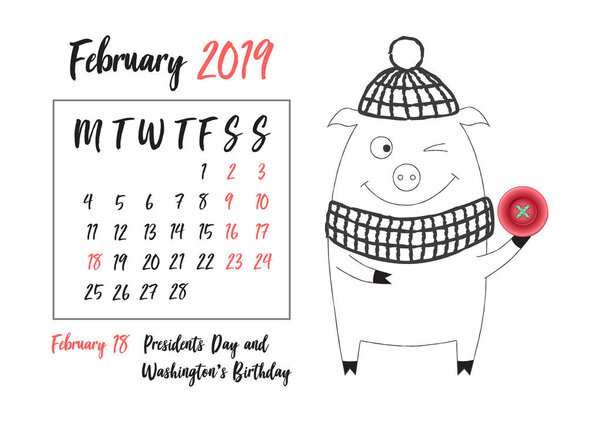 Календарь на 2019 год с символом китайского Нового года - симпатичным пигом в карикатурном стиле с реалистичной розовой пуговицей на каждый месяц. Векторная иллюстрация, черный силуэт чернил, изолированный на белом
