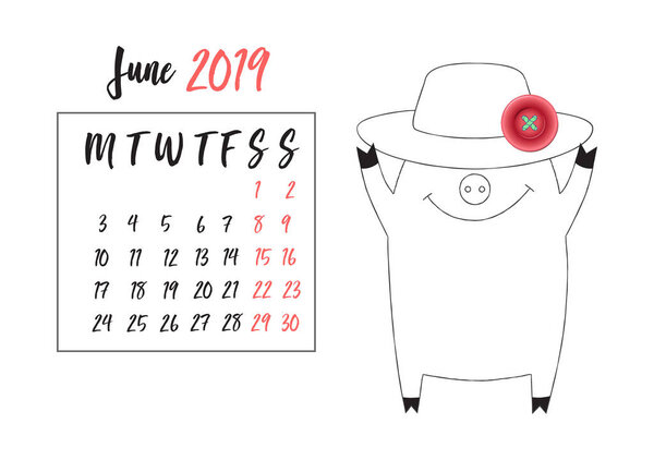 Календарь на 2019 год с символом китайского Нового года - симпатичным пигом в карикатурном стиле с реалистичной розовой пуговицей на каждый месяц. Векторная иллюстрация, черный силуэт чернил, изолированный на белом
