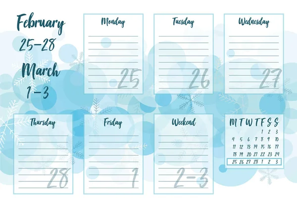 Vektor Illustration Februari 2019 Weekly Planner Med Abstrakt Vintern Bakgrund — Stock vektor