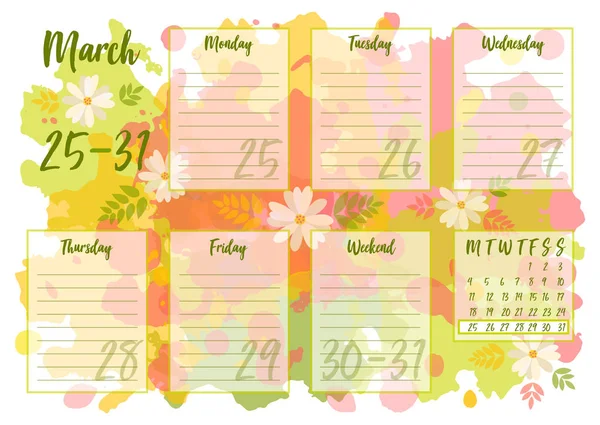 Vektor Illustration Mars 2019 Weekly Planner Med Abstrakt Våren Bakgrund — Stock vektor