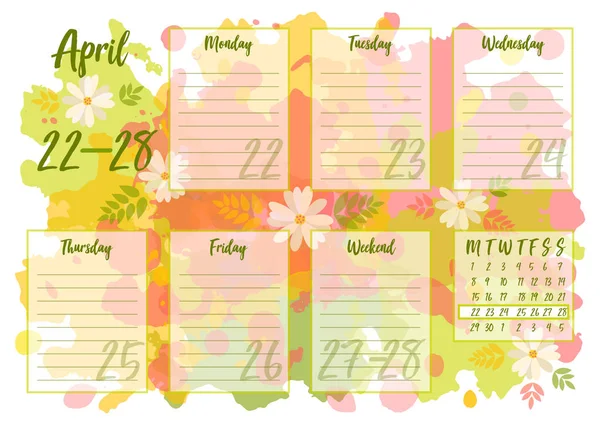 Vektor Illustration April 2019 Weekly Planner Med Abstrakt Våren Bakgrund — Stock vektor