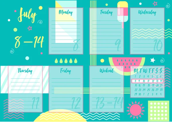 Vektor Illustration Juli 2019 Weekly Planner Med Abstrakt Sommaren Bakgrund — Stock vektor