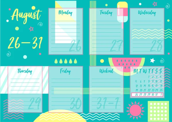 Vector Illustration August2019 Weekly Planner Abstract Summer Background Print Notebooks — Stock Vector