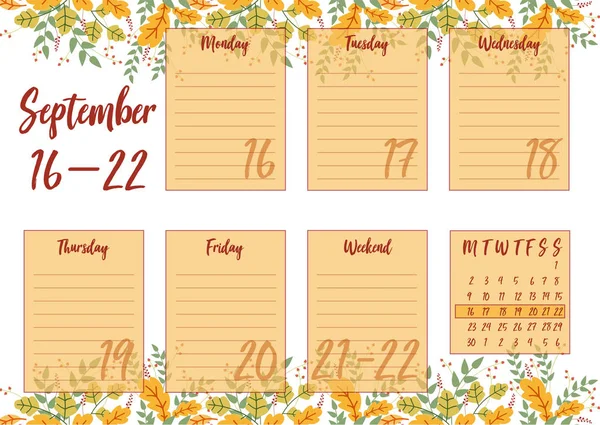 Векторная Иллюстрация Сентябрю 2019 Года Еженедельник Абстрактным Осенним Фоном Печати — стоковый вектор