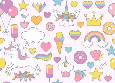 Tek boynuzlu at, gökkuşağı, tatlılar ve diğer nesneleri seamless modeli ile açık pembe renkli. Tekstil, kumaş, ambalaj tasarım için şirin sihirli süs. Bebek kız Doğum günü kutlama tasarım için mükemmel