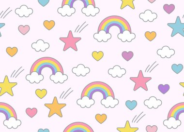 Tek boynuzlu at, gökkuşağı, tatlılar ve diğer nesneleri seamless modeli ile açık pembe renkli. Tekstil, kumaş, ambalaj tasarım için şirin sihirli süs. Bebek kız Doğum günü kutlama tasarım için mükemmel