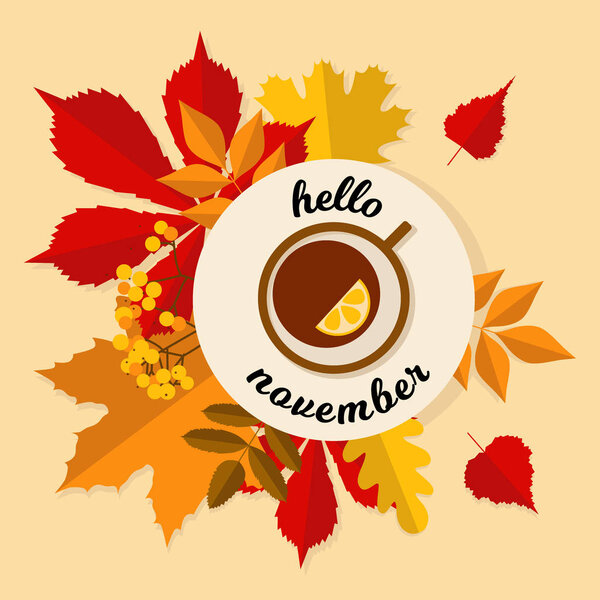 Hand drawn autumn typography poster with colorful leaves in flat style. Vector illustration Hello November for greeting cards, invitations. Seasonal frame, border for sale, web banner template