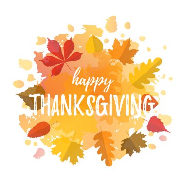 Düz tarzı renkli yaprakları ile çizilmiş bir sonbahar tipografi poster el. Vektör çizim Şükran günün kutlu olsun metin tebrik kartları, davetiyeler için. Mevsimlik çerçeve, sınır, web afiş şablon