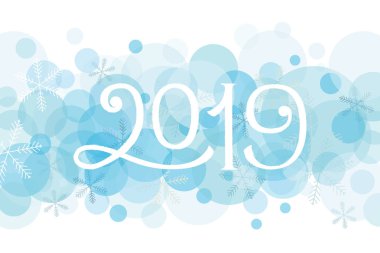 Mutlu yıllar, Merry Christmas kış tatil tebrik kartı 2019 beyaz ile vektör daireler ve kar taneleri ile mavi arka plan üzerinde rakamlar. El yazı kartpostal, afiş, poster şablonu. 