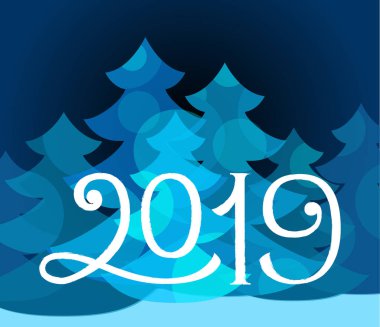Mutlu yeni yıl tebrik kartı 2019 yazı rakamları ile basit mavi Noel ile kış tatil vektör gece arka plan, orman ağaçları. Kış tatil, yılbaşı afiş, poster şablonu. 