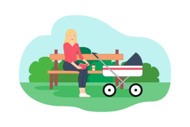 Genç Anne elinde kitapla bankta oturmuş, okuma ve kahve içme. Bebek arabası kürsüye duruyor. Düz stil vektör çizim yeşil park arka plan ile.