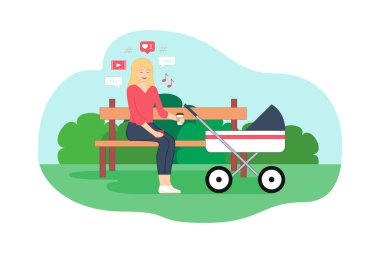 Genç Anne bankta oturan ve telefon mesajları okuma. Bankta yanında bir fincan kahve var. Bebek arabası tezgah duruyor. Düz stil vektör çizim, park arka plan