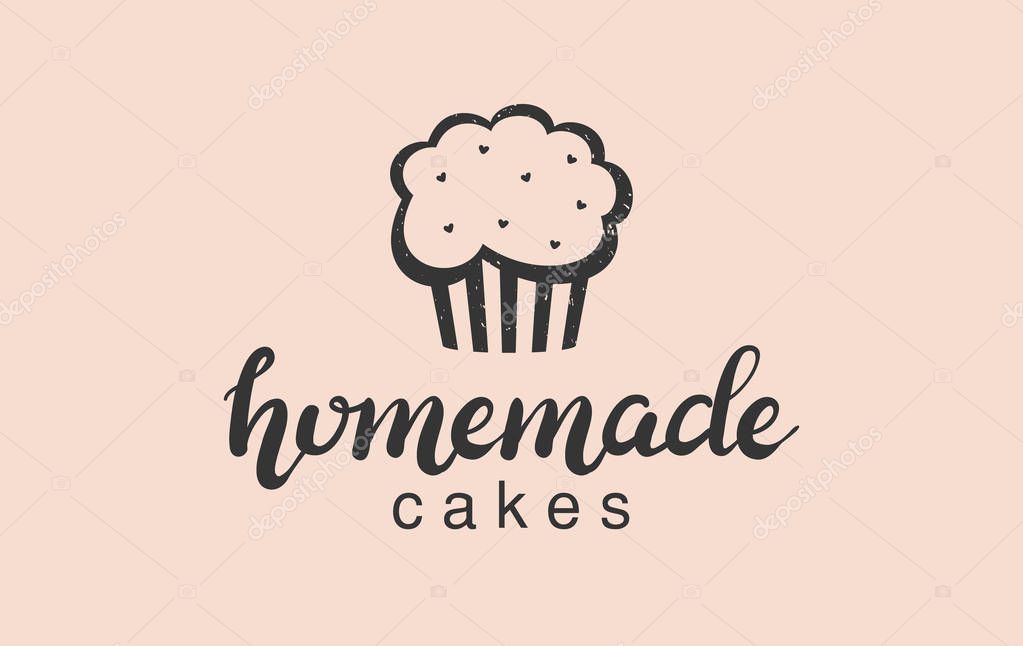 Hand drawn homemade cakes logo, typography lettering poster with cupcake silhouette on light pink background. Text and drawing for business card, banner template. Modern style vector illustration