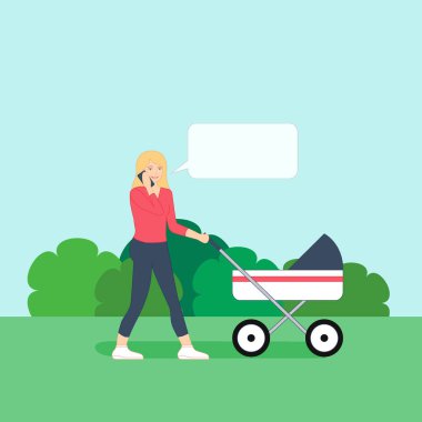 Genç Anne bebeğini bebek arabası ve onun telefonda konuşurken ile yürüyor. Düz stil vektör çizim, modern şehir arka plan üzerinde izole. Poster, afiş şablon. Yazdırma, web tasarım