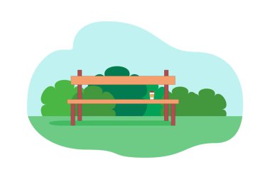 Bir parkta Bank ayakta. Bir fincan kahve tezgah koltuk üzerinde duruyor. Düz stil vektör çizim modern şehir arka plan ile. Poster, afiş şablon. Yazdırmak için web tasarım.