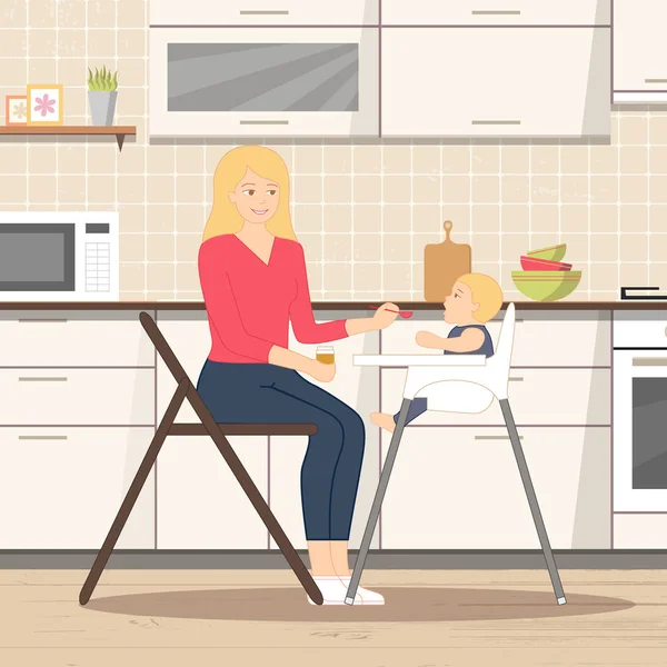 Jeune Mère Est Assise Sur Chaise Avec Une Petite Cuillère — Image vectorielle