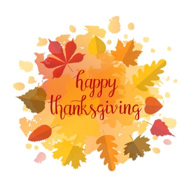 El çekilmiş sonbahar tipografi yazı poster renkli arka plan ve düz stil yapraklarında. Vektör çizim Şükran günün kutlu olsun metin kartları, davetiyeler için. Mevsimlik çerçeve, sınır şablonu