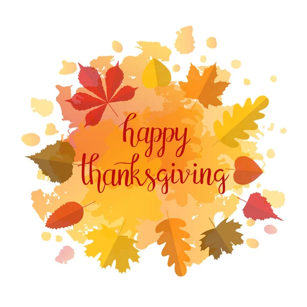 El çekilmiş sonbahar tipografi yazı poster renkli arka plan ve düz stil yapraklarında. Vektör çizim Şükran günün kutlu olsun metin kartları, davetiyeler için. Mevsimlik çerçeve, sınır şablonu