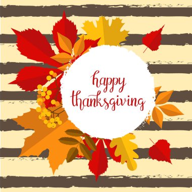 El çekilmiş sonbahar tipografi yazı poster renkli arka plan ve düz stil yapraklarında. Vektör çizim Şükran günün kutlu olsun metin kartları, davetiyeler için. Mevsimlik çerçeve, sınır şablonu