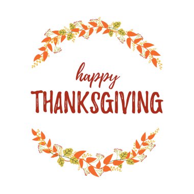 El çekilmiş sonbahar tipografi yazı poster renkli arka plan ve düz stil yapraklarında. Vektör çizim Şükran günün kutlu olsun metin kartları, davetiyeler için. Mevsimlik çerçeve, sınır şablonu