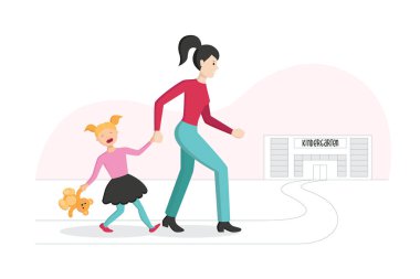 Anne kızı anaokuluna yol açar, çocuk aittir ve gitmek istemiyor. Vektör düz illüstrasyon, izole. Adaptasyon dönemi için çocuk, anaokulunda yürümeye başlayan çocuk.