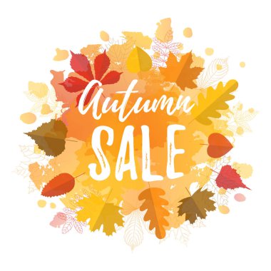 Tipografi yazı poster sonbahar satış renkli arka plan ve düz stil yapraklarında. Vektör çizim, metin alışveriş etiketi, illüstrasyon ve davet için. Mevsimlik çerçeve, sınır Satılık, şablon