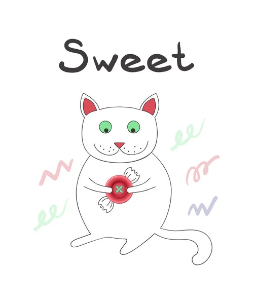 Graziosa illustrazione vettoriale, gattino in stile cartone animato con realistico rosa pulsante caramelle, parole scritte a mano Dolce — Vettoriale Stock