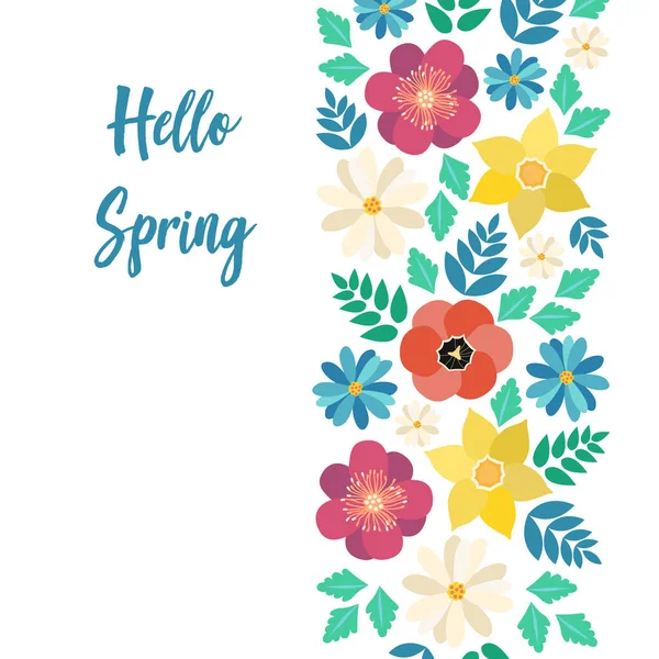 Hello Spring Typography Poster Cute Colorful Flowers Flat Style Vector — Stock Vector