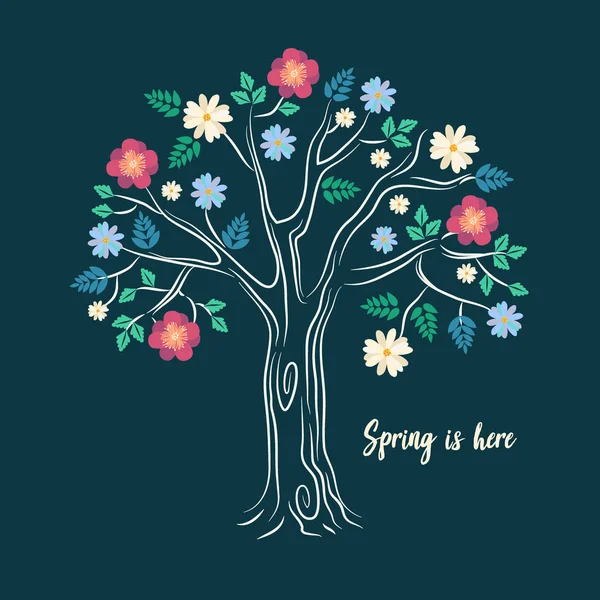 Spring typography poster with cute colorful flowers in flat style on the tree — Stock Vector