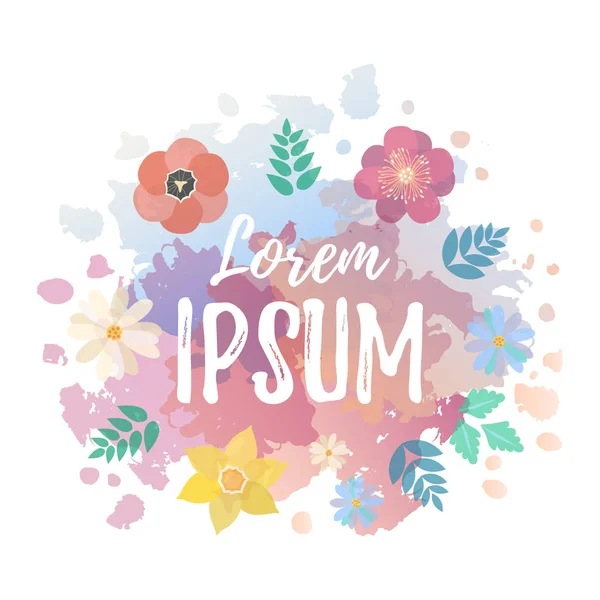 Cartaz de tipografia de primavera com flores coloridas bonitos em estilo plano — Vetor de Stock