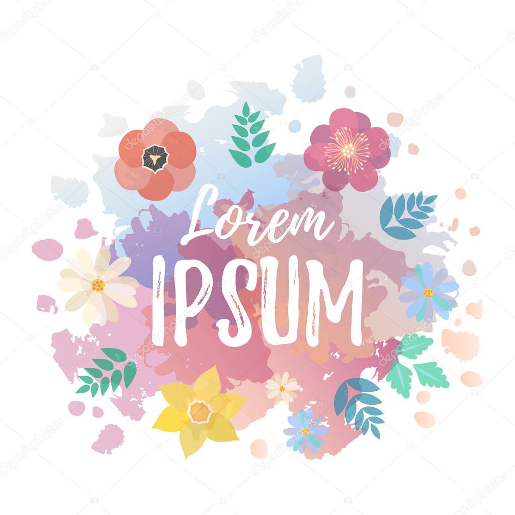 Spring typography poster with cute colorful flowers in flat style