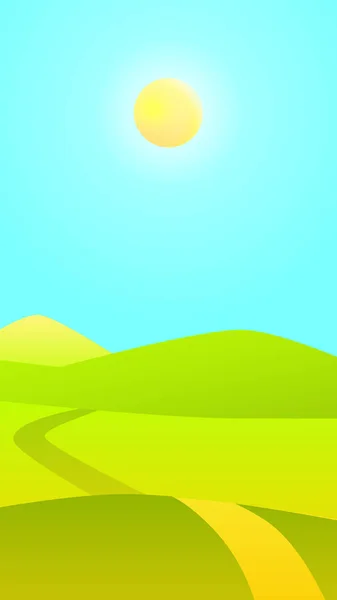矢量景观例证-绿色田野和太阳在天空中中午时间, 手机屏保 — 图库矢量图片