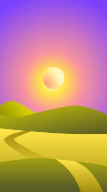 Vektör yatay - yeşil alan ve akşam saat, telefon ekran koruyucu gökyüzünde güneş. Renkli gradyanlar trendy yanardöner renkler. Etkisi yumuşak geçiş. Arka plan şablonu, modern tasarlamak.