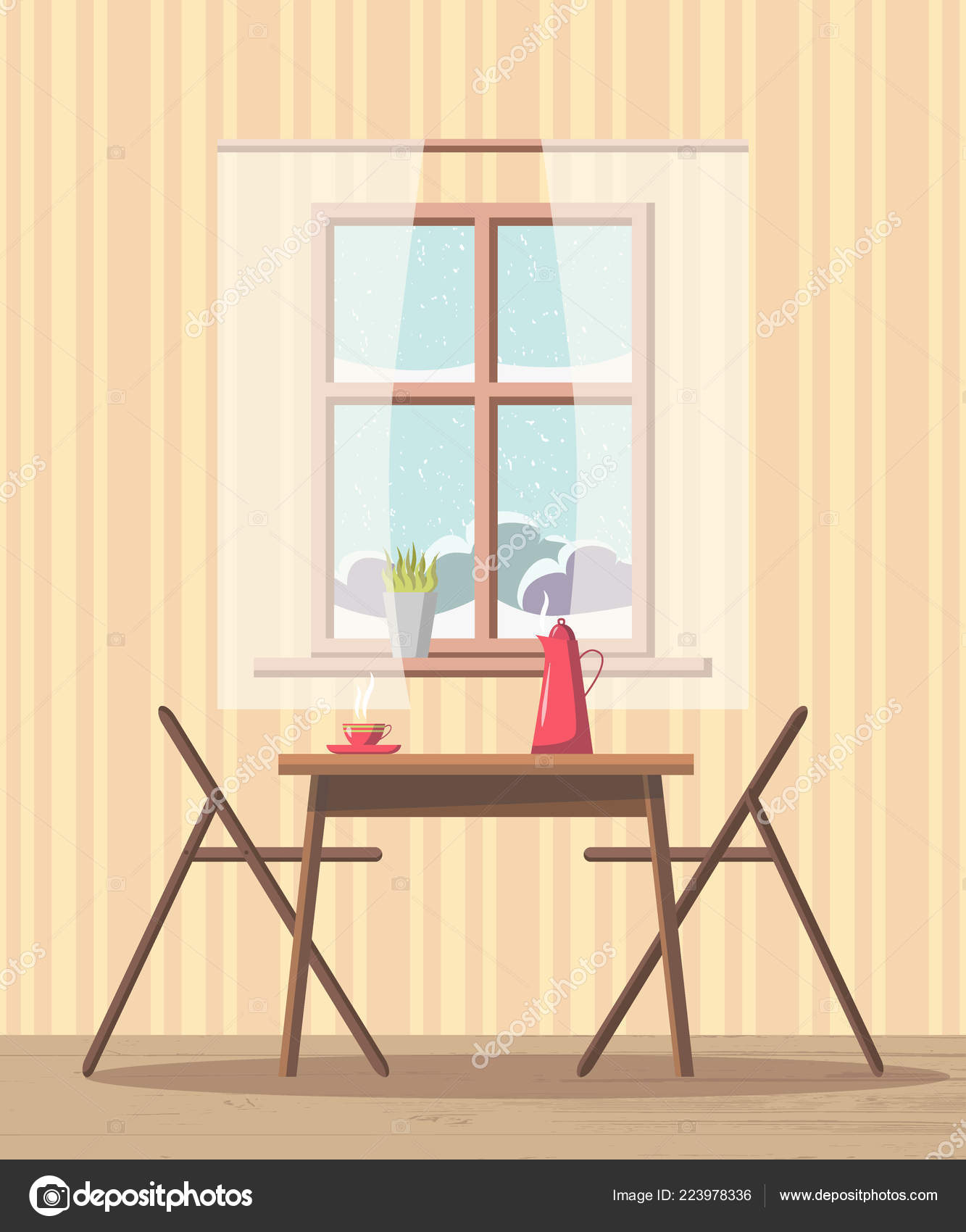 Dining Room Interior Background Table Chairs Window Snowy View