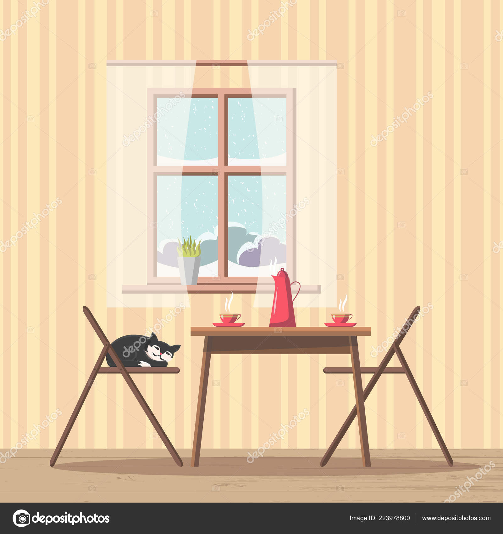 Dining Room Interior Background Table Chairs Window Snowy View