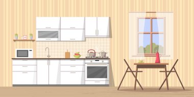Beyaz mutfak iç arka plan ile mobilya ve soba, lavabo, dolap, yemekleri - su ısıtıcısı, pan, kase, mikrodalga fırın, kap - kesme tahtası, Masa ve sandalyeleri yakınındaki pencere. Modern düz stil vektör