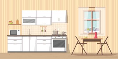 Beyaz mutfak iç arka plan ile mobilya ve soba, lavabo, dolap, yemekleri - su ısıtıcısı, pan, kase, mikrodalga fırın, kap - kesme tahtası, Masa ve sandalyeleri yakınındaki pencere. Modern düz stil vektör