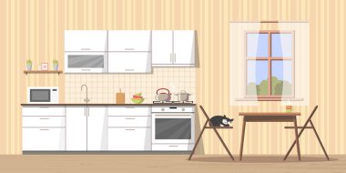 Beyaz mutfak iç arka plan ile mobilya ve soba, lavabo, dolap, yemekleri - su ısıtıcısı, pan, kase, mikrodalga fırın, kap - kesme tahtası, Masa ve sandalyeleri yakınındaki pencere. Modern düz stil vektör